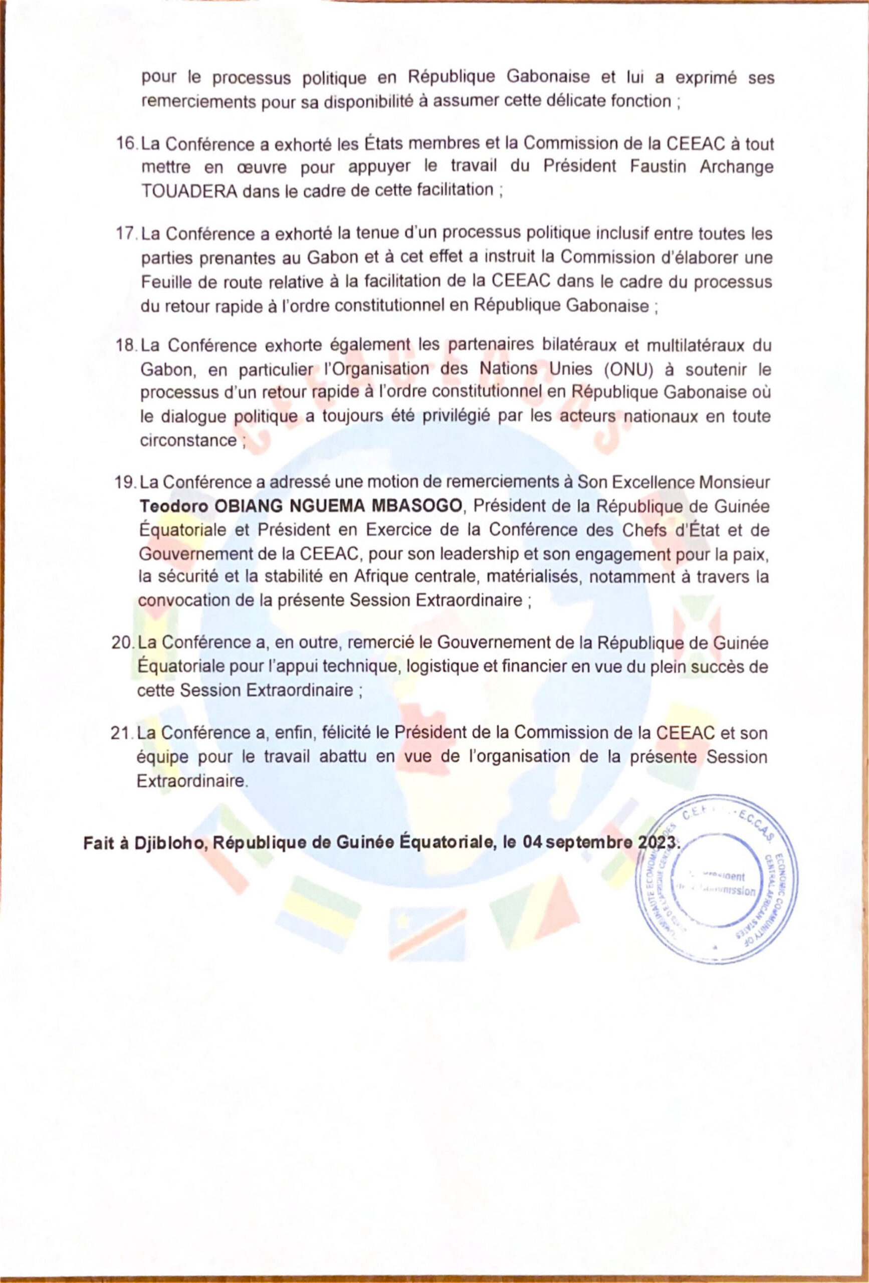 Communiqué Final de la 4e Session Extraordinaire de la Conférence des Chefs d’Etat et de Gouvernement de la CEEAC — 2