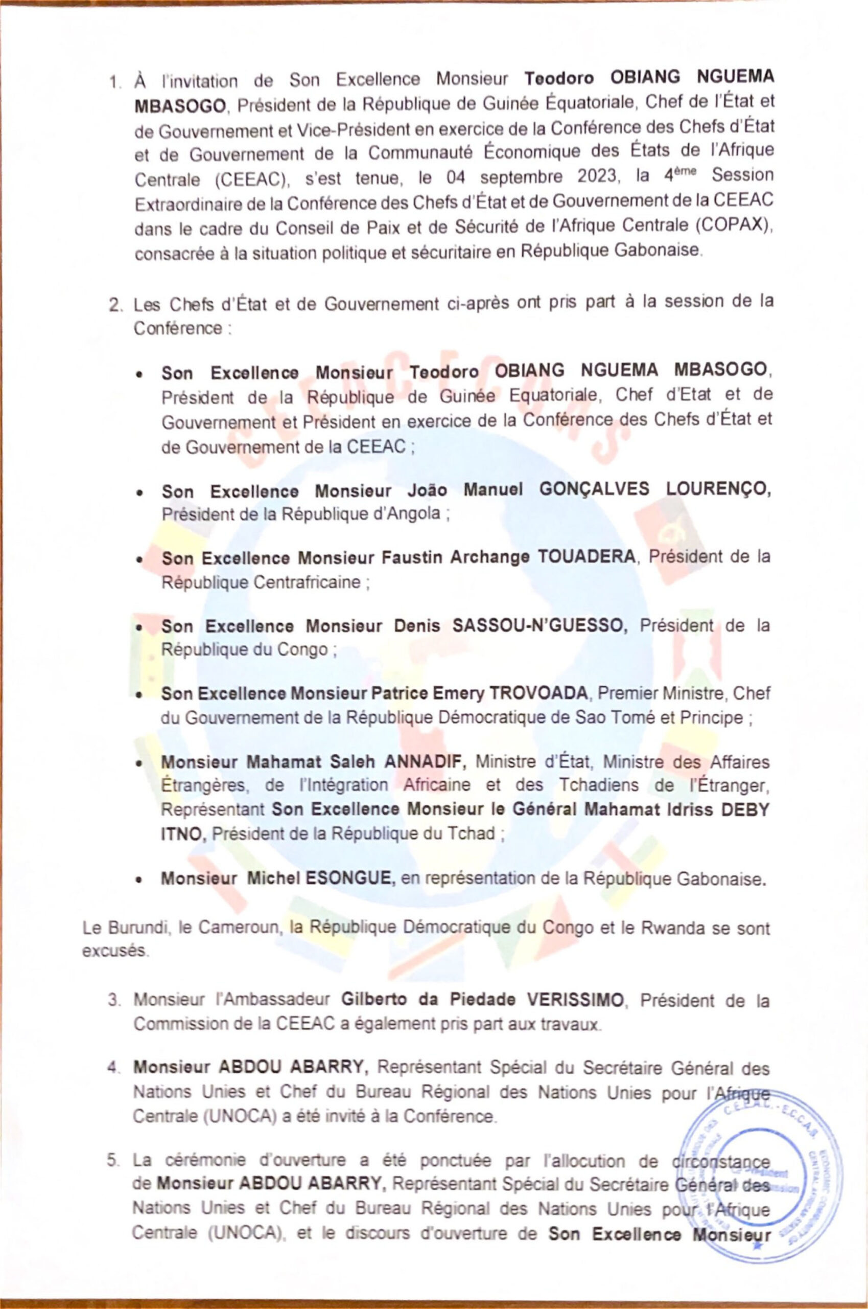 Communiqué Final de la 4e Session Extraordinaire de la Conférence des Chefs d’Etat et de Gouvernement de la CEEAC — 4